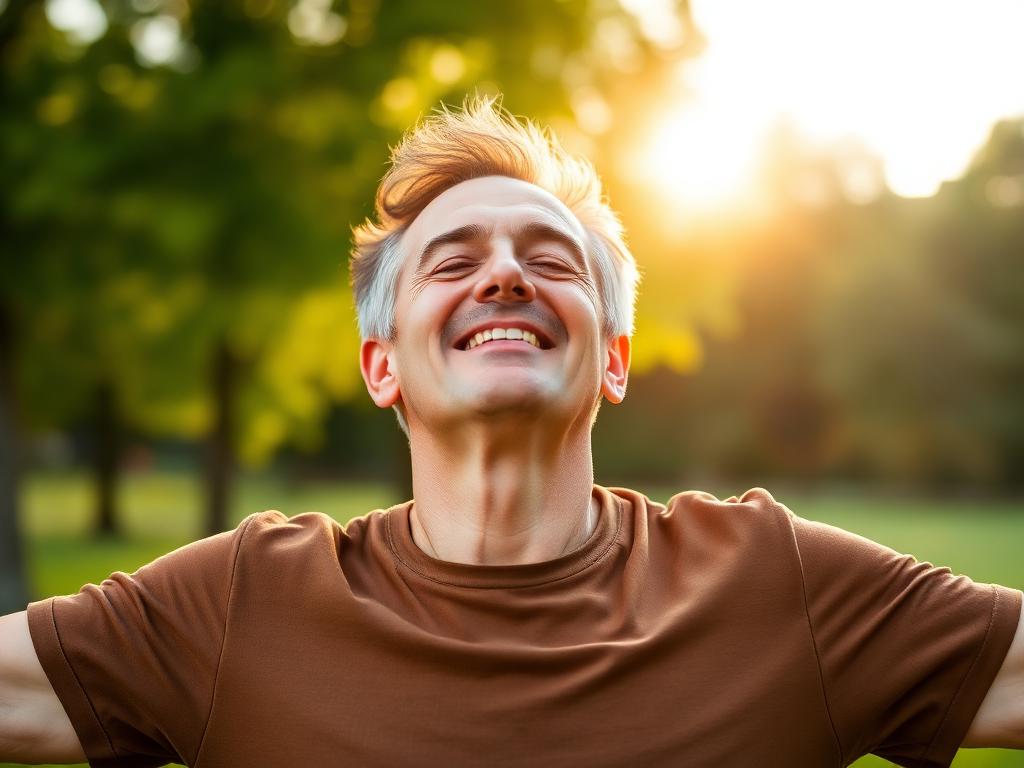 Man breathing easily outdoors after using a daily lung support supplement
